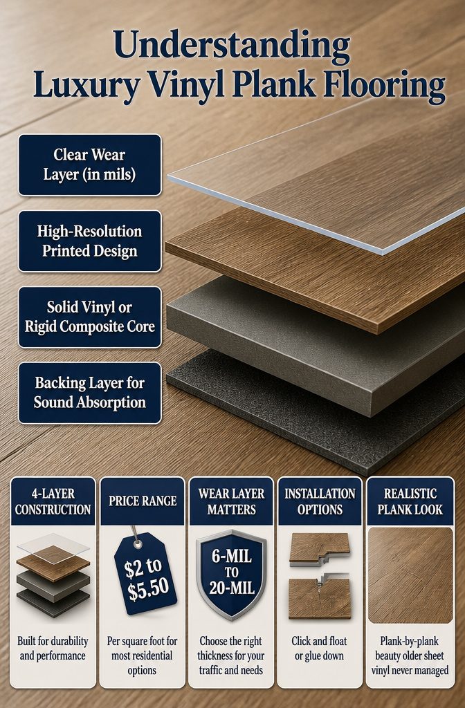 Diagram showing layers of luxury vinyl plank flooring.