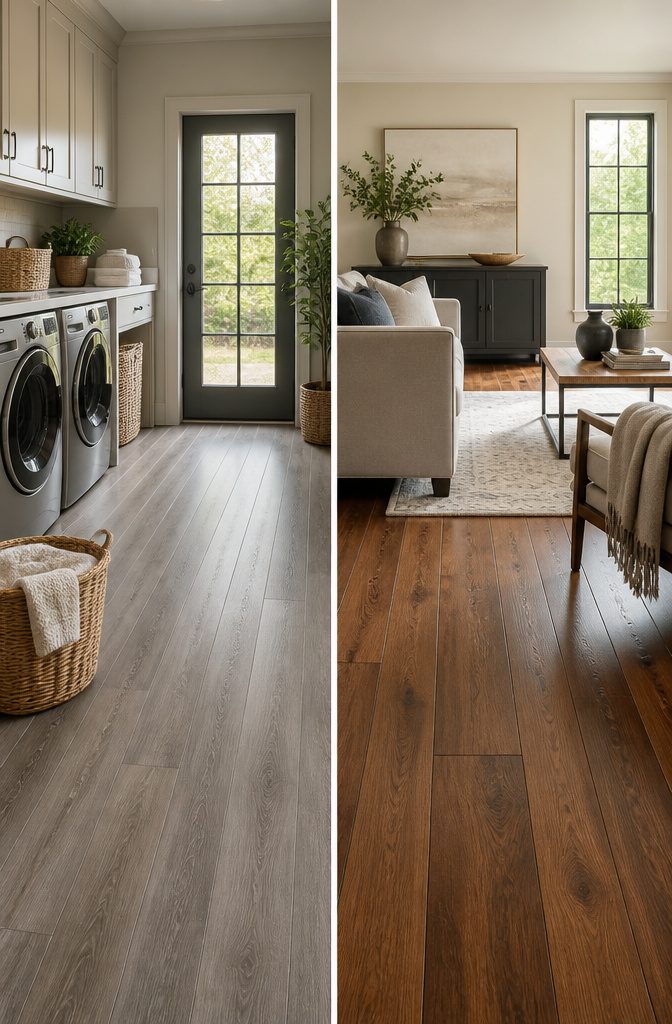 Kitchen and bathroom areas featuring luxury vinyl plank flooring.
