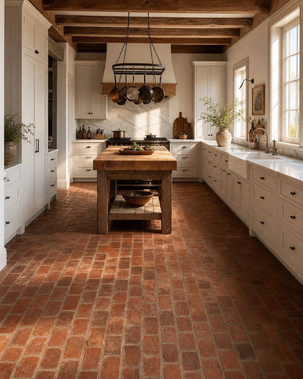 Red brick flooring in a rustic kitchen with white cabinets and wooden ceiling beams.