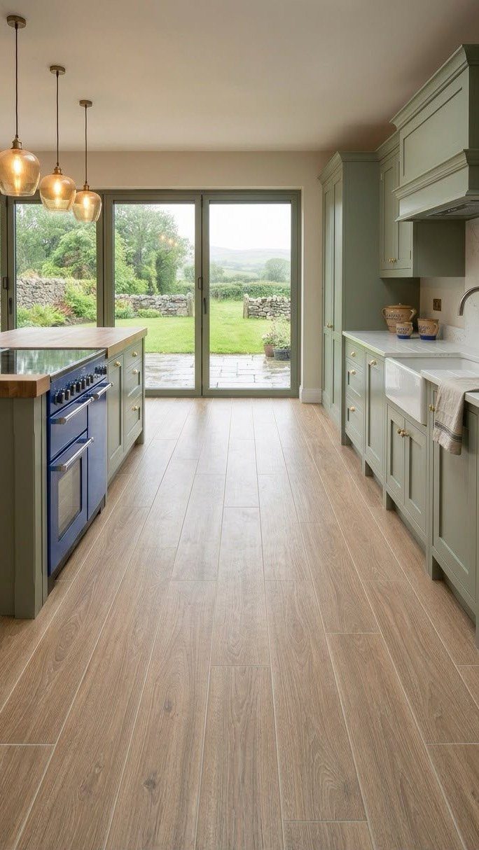 Light wood-toned plank flooring in a modern sage green kitchen with garden views.