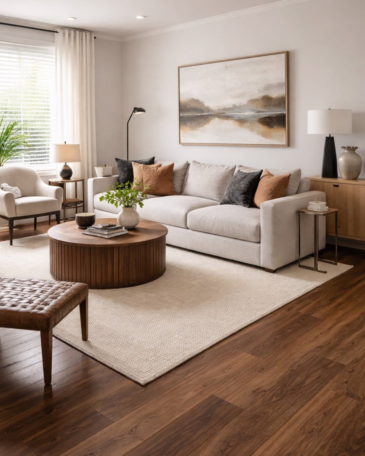 Warm brown wood-look vinyl plank flooring in a bright, modern farmhouse style living room.