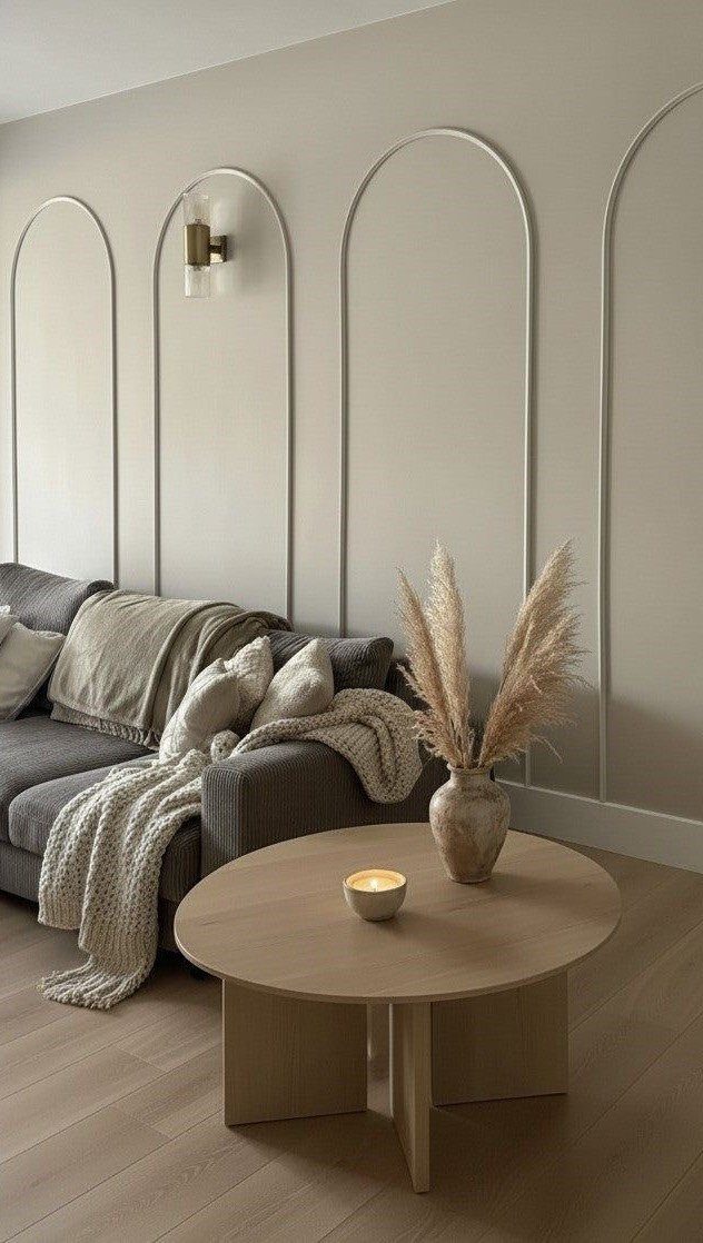 Arched wainscoting molding on a beige wall behind a grey sofa and wooden coffee table.