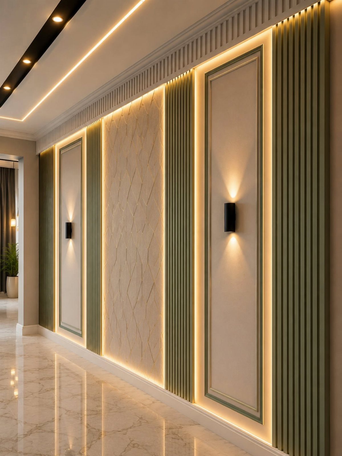 Modern hallway wall with green vertical slats, backlit rectangular panels, and textured beige wall sections.