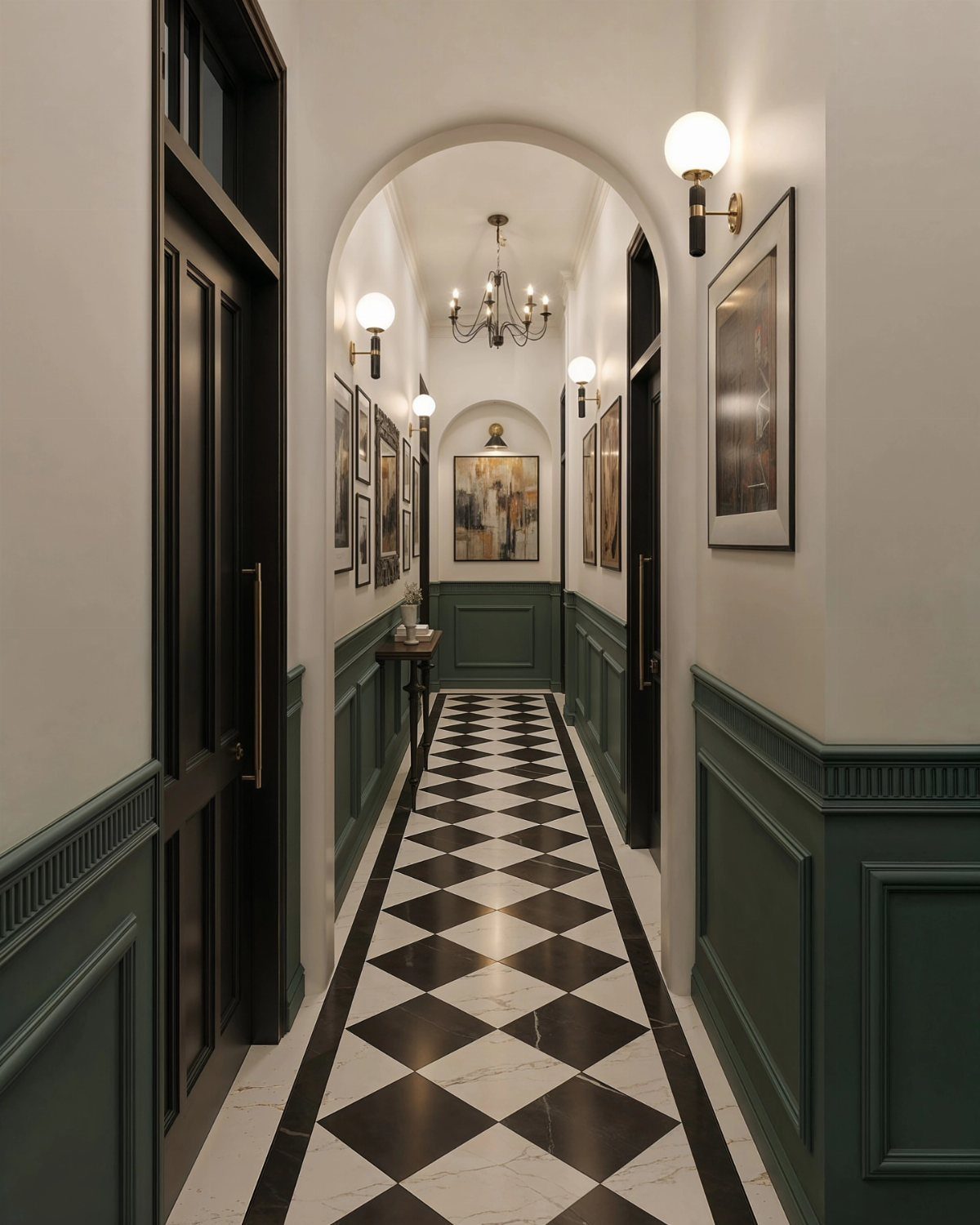 A narrow hallway with green wainscoting, checkered marble flooring, and an elegant arched doorway.