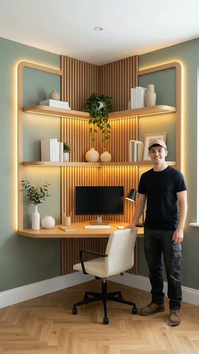 Wall Moulding Design: 11 Styles That Work in Every Room 11 Vertical wooden slats and backlit floating shelves decorate a corner office workspace with a desk.