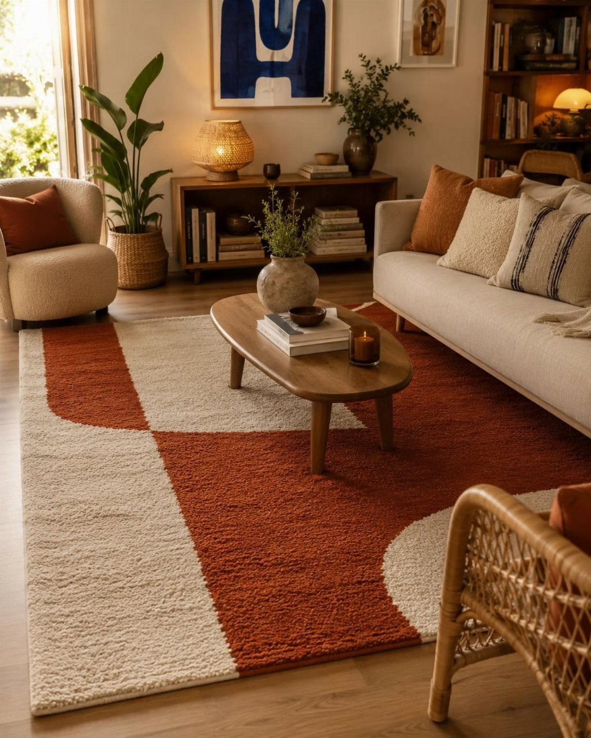 Orange Wood Floors: 4 Smart Style Ideas That Work 3 A textured terracotta and cream geometric rug sits on a wooden floor in a cozy living room.
