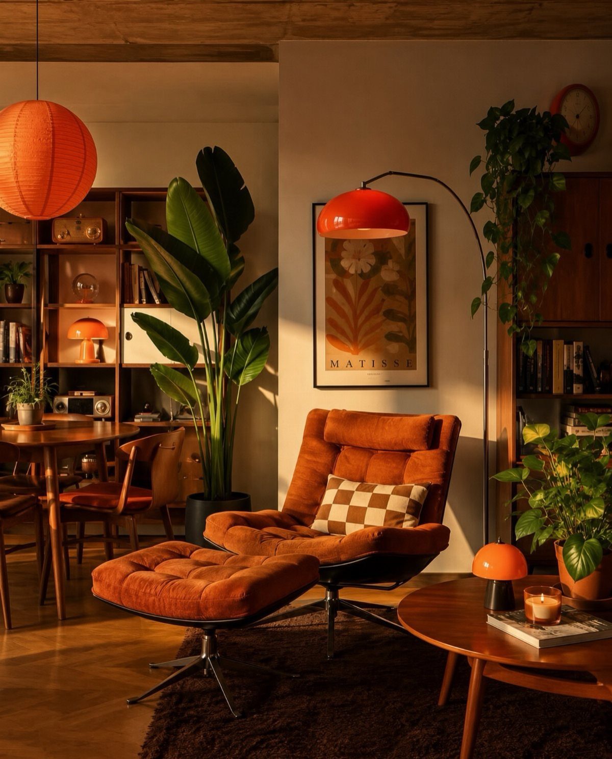 Orange Wood Floors: 4 Smart Style Ideas That Work 2 Orange velvet lounge chair and ottoman set in a warm, neutral toned living room.