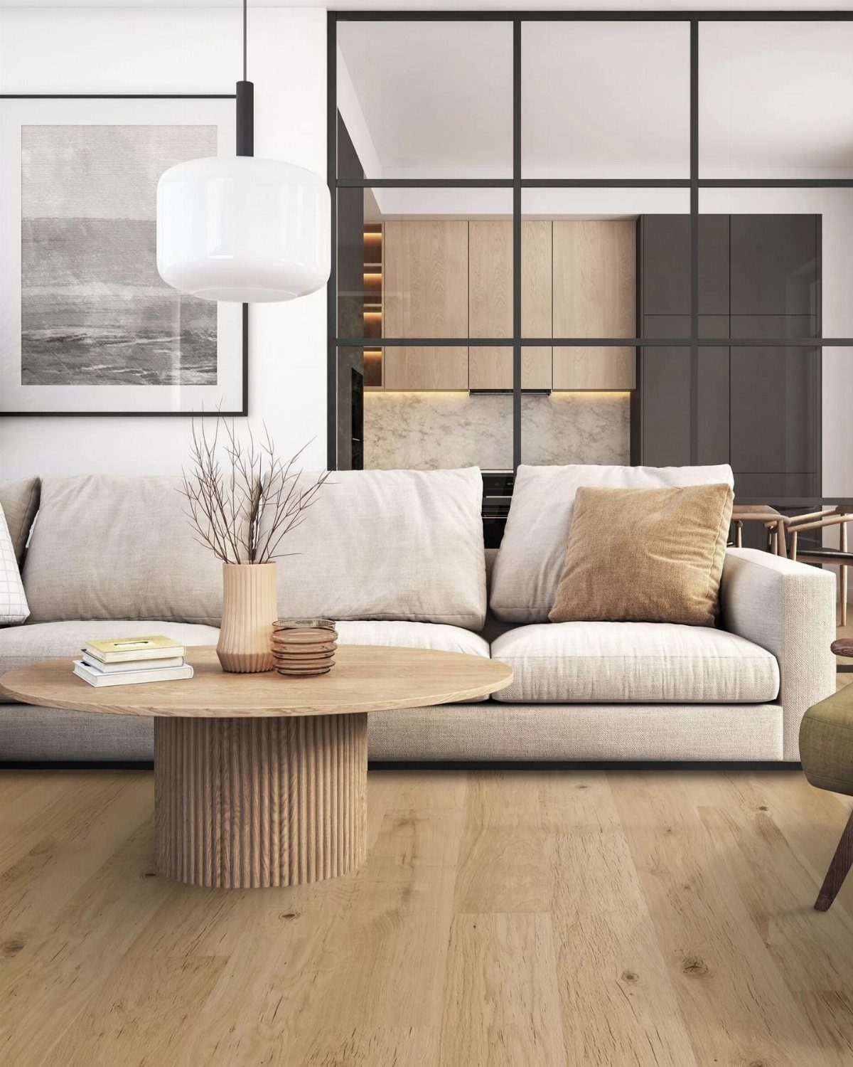 Light-toned wide plank hardwood floors in a modern living room with a beige sofa.