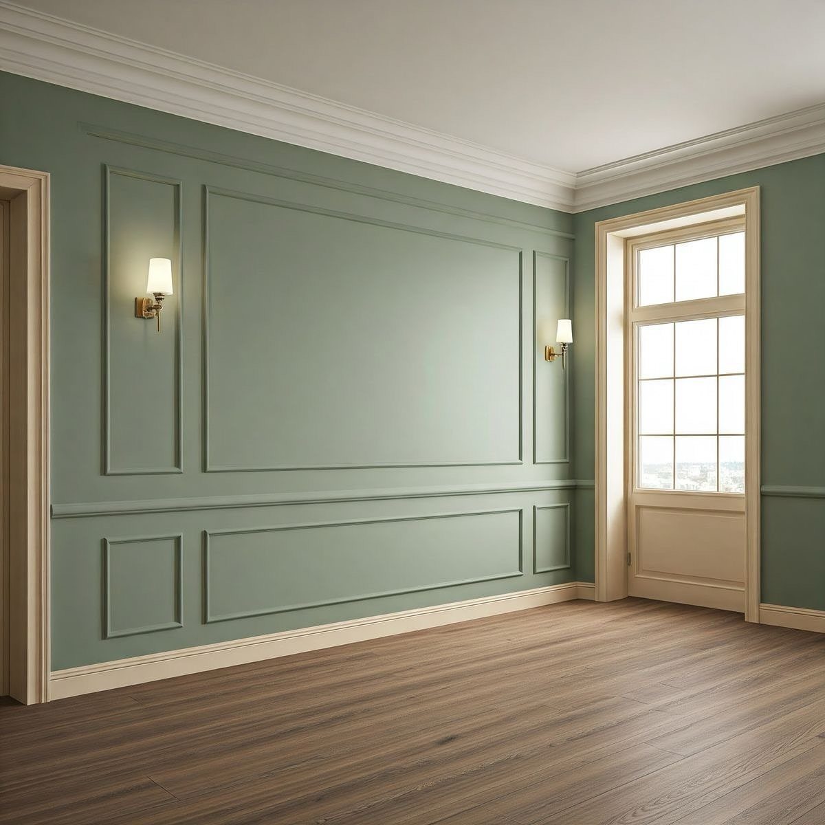 Sage green walls with white picture frame molding and crown molding in an empty room.