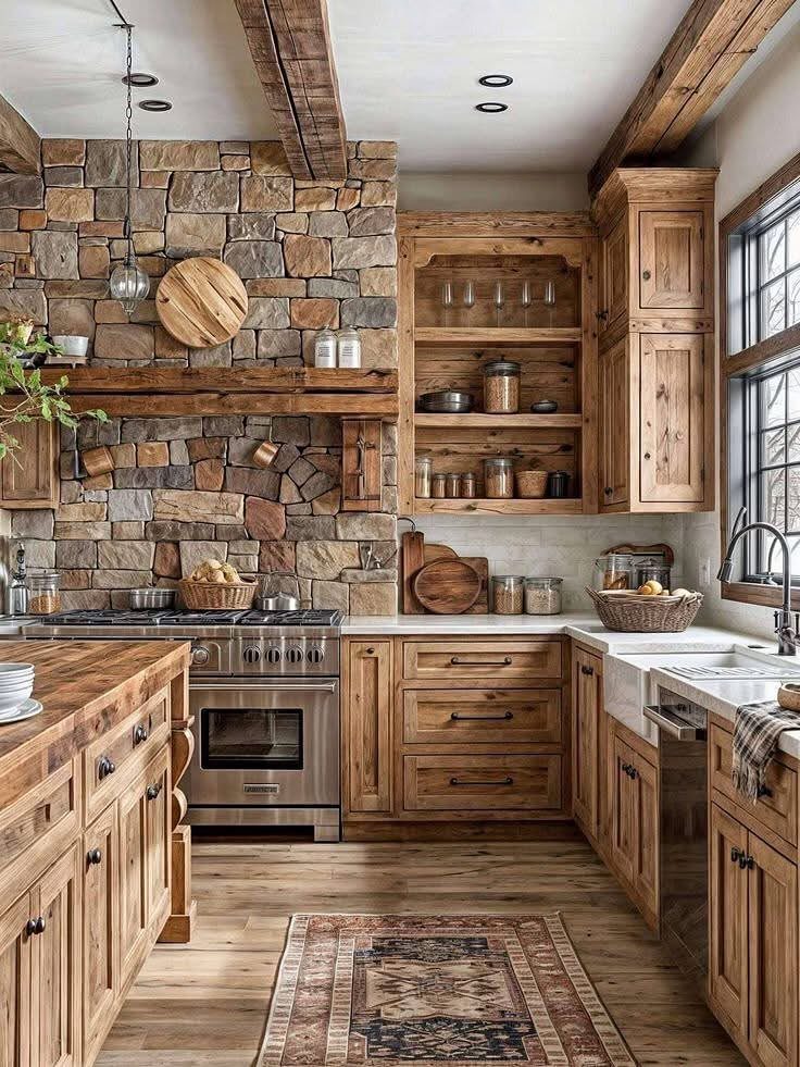 Rustic kitchen with wooden cabinets, stone walls, and light wood plank flooring.