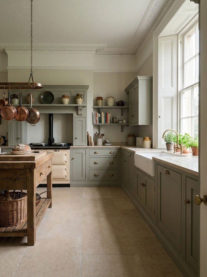 Light beige stone tile flooring in a rustic kitchen with sage green cabinets and wooden furniture.