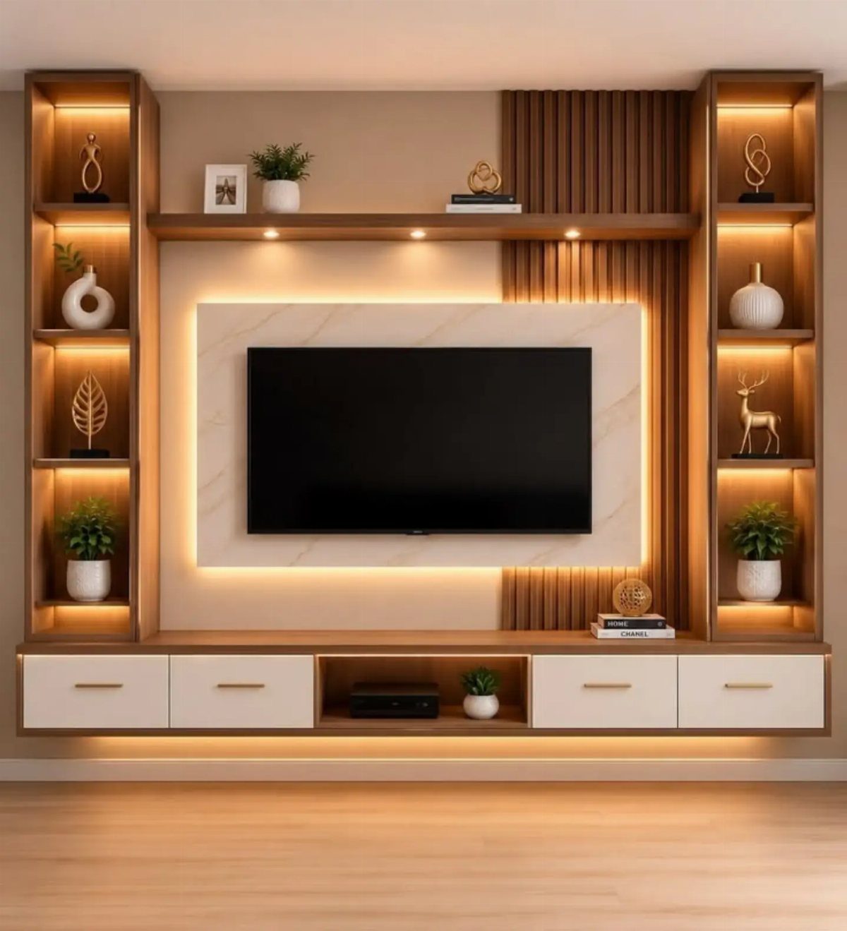 Built-in wooden entertainment center with illuminated shelves, a marble TV back panel, and a white drawer console.