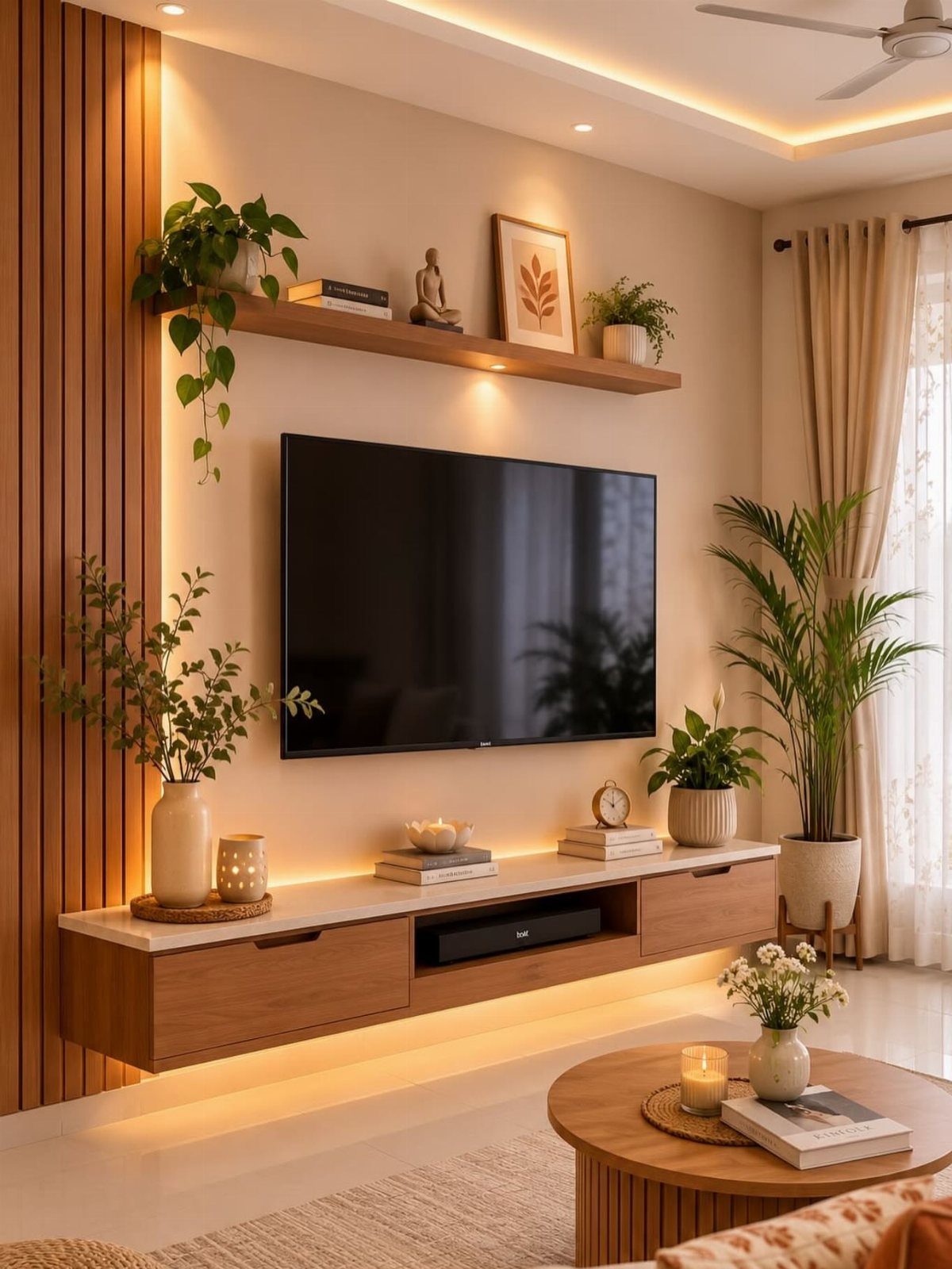 A television mounted on a beige wall with a wooden floating shelf above it and a console below.