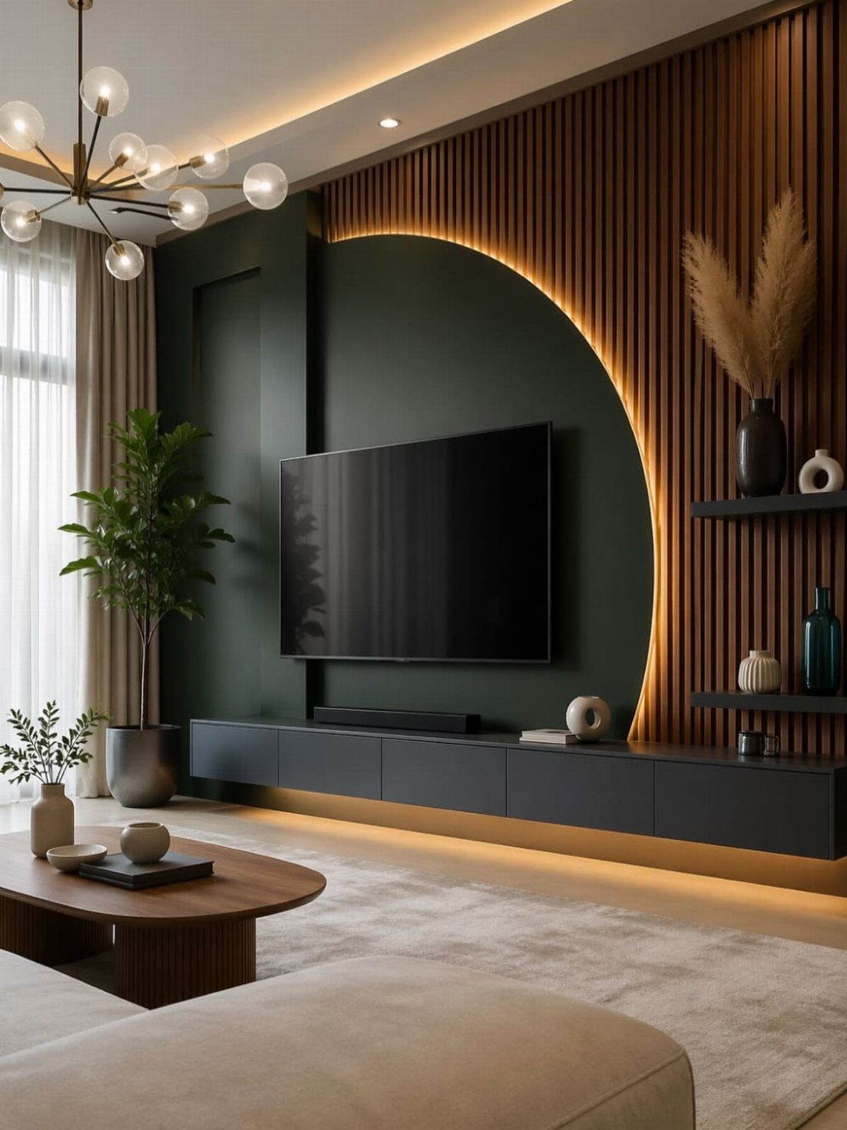 A sleek black minimalist console sits beneath a large TV mounted on a dark green and wood paneled wall.
