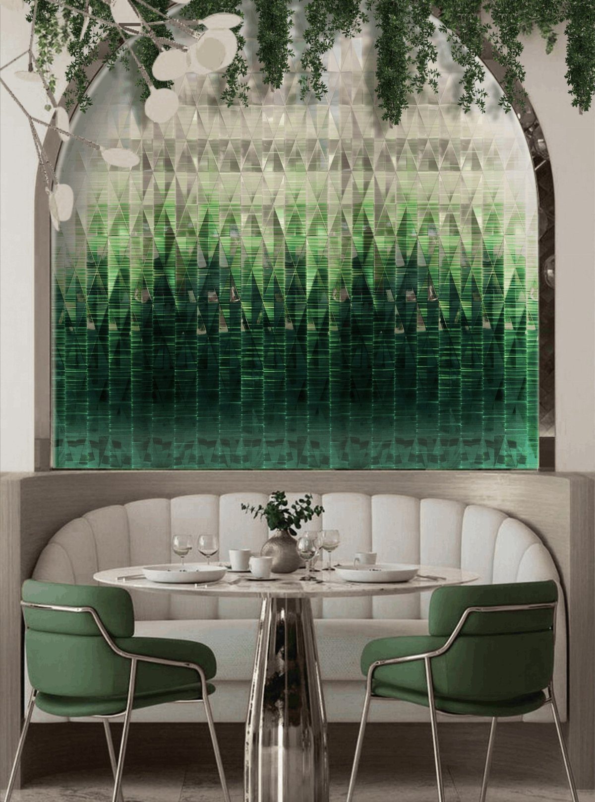 Types of Wall Paneling: 10 Styles for Any Room 10 Reflective geometric glass panels forming a large arched wall feature behind a white dining booth.