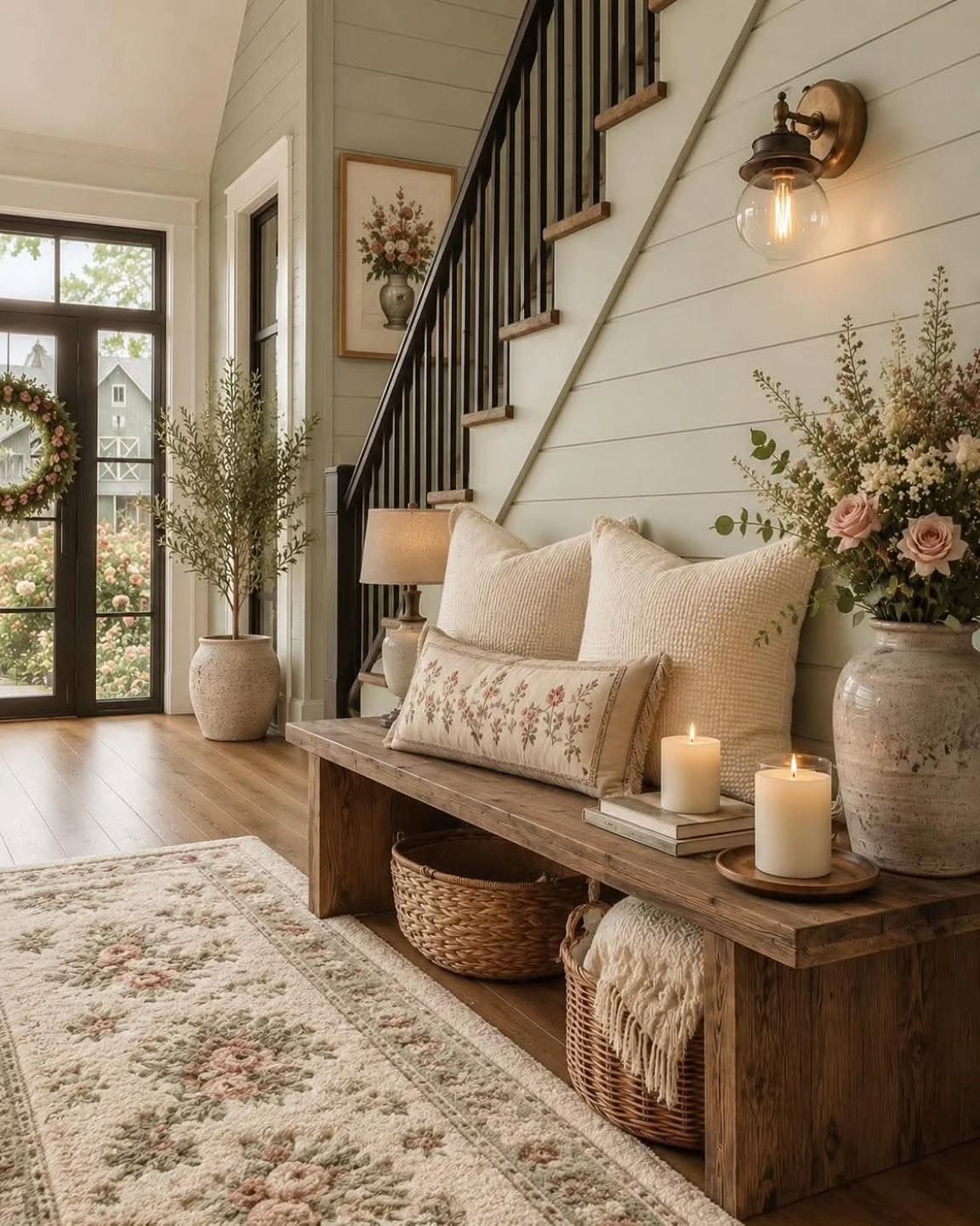 Types of Wall Paneling: 10 Styles for Any Room 1 Horizontal sage green shiplap planks on a wall behind a wooden bench and staircase.