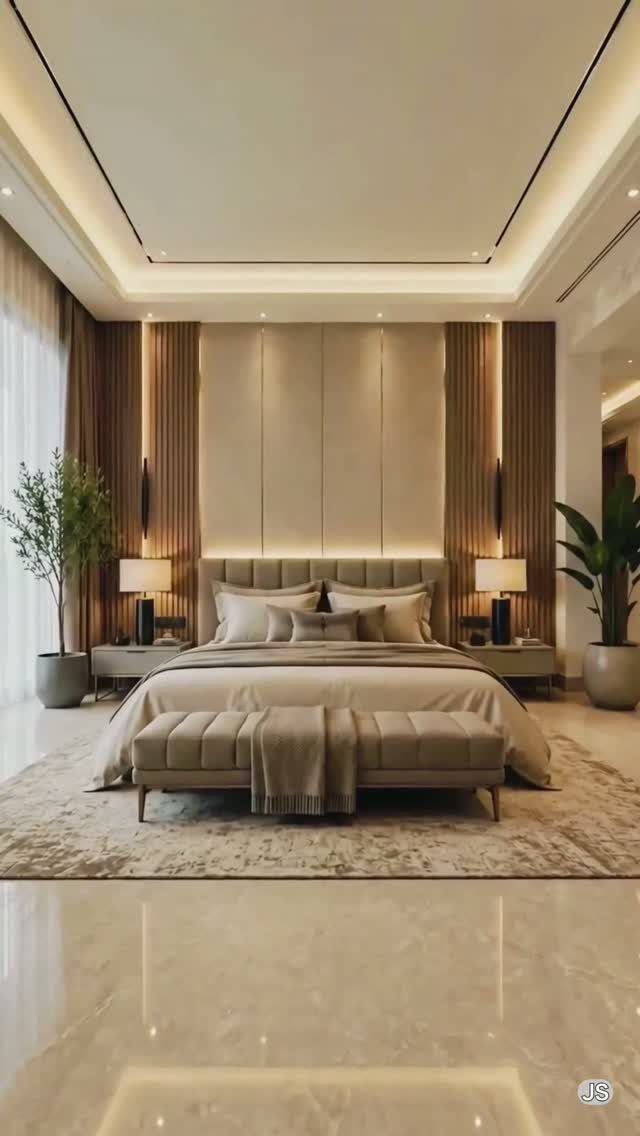 Types of Wall Paneling: 10 Styles for Any Room 9 Modern bedroom with vertical wood slat wall paneling and a large beige upholstered bed.