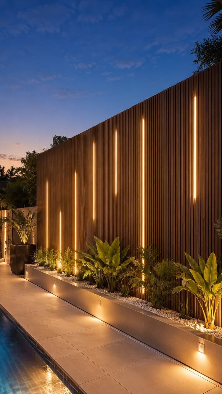 Vertical wooden slat wall with glowing light strips next to a pool and tropical plants.