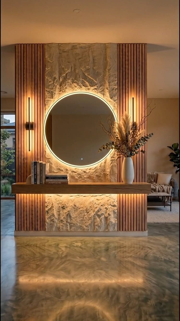 Vertical wooden slats flanking a textured stone wall with a backlit circular mirror and floating console.