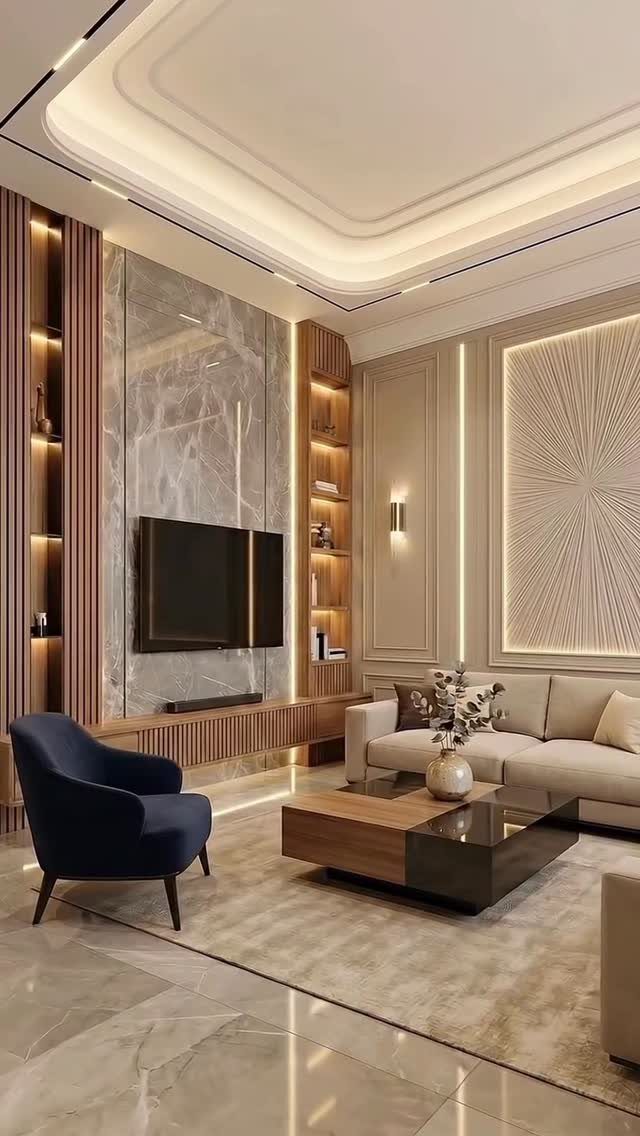 Modern living room with marble wall panels, vertical wooden slats, and built-in shelving units.