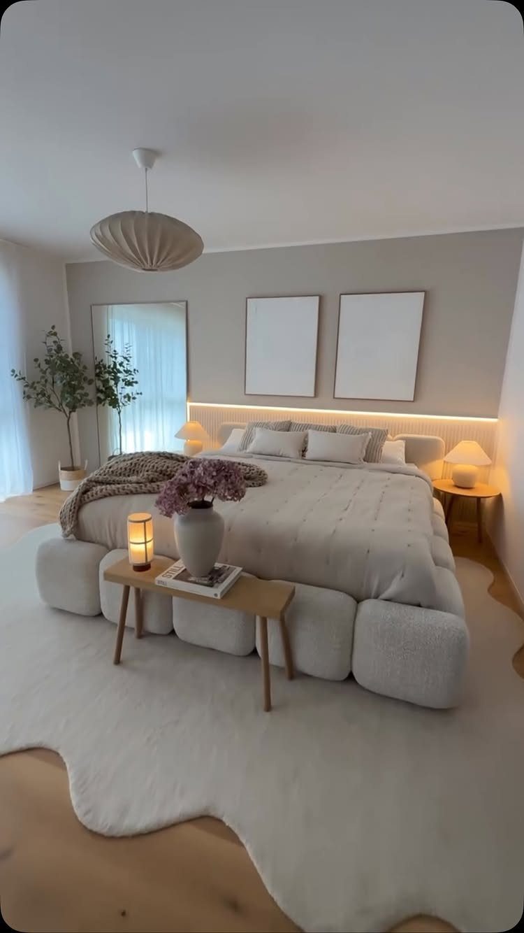 A modern bedroom with a large bed and a backlit slatted headboard wall.