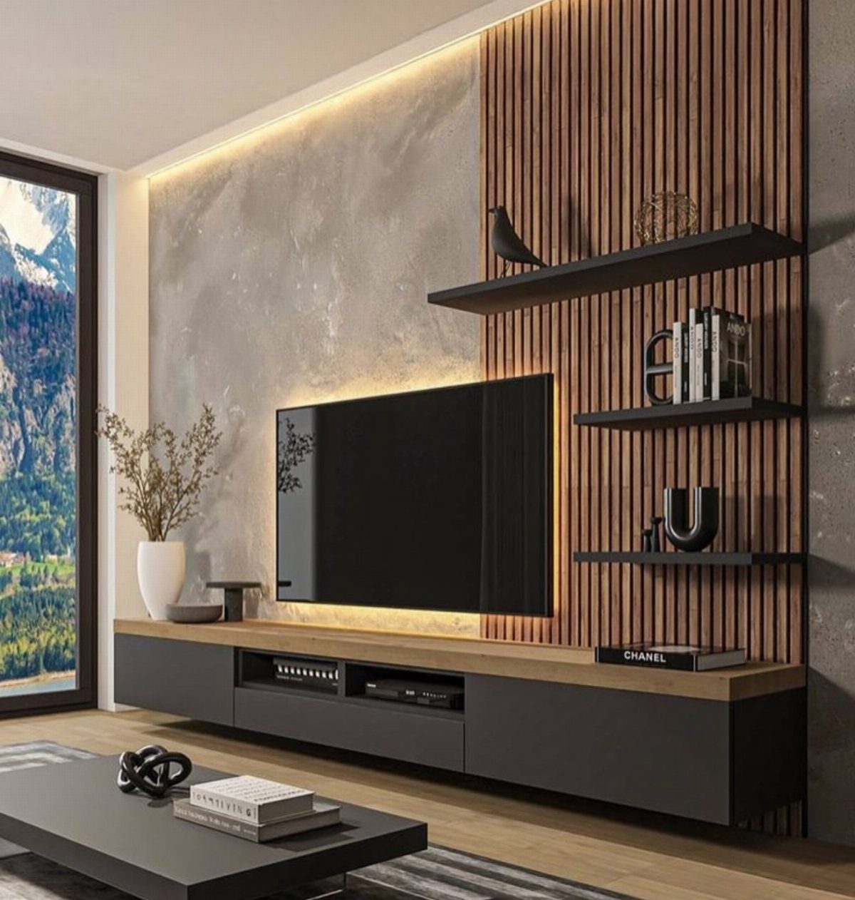 Modern living room with a television mounted on a concrete and vertical wood slat wall.