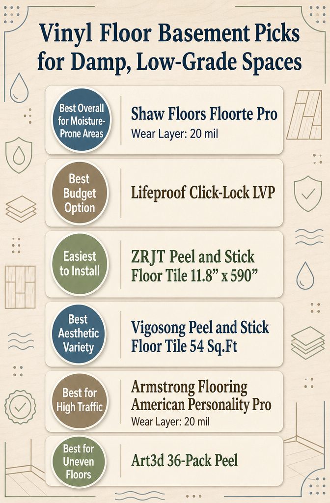 Comparison infographic of vinyl floor options for basements