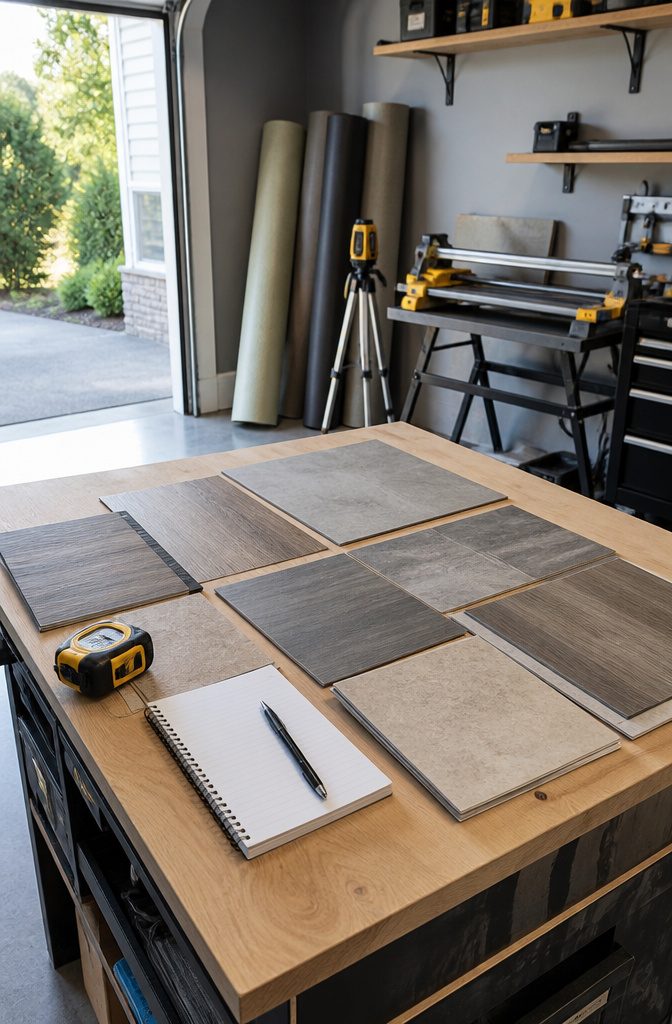 Organized workspace with tools and materials in a basement