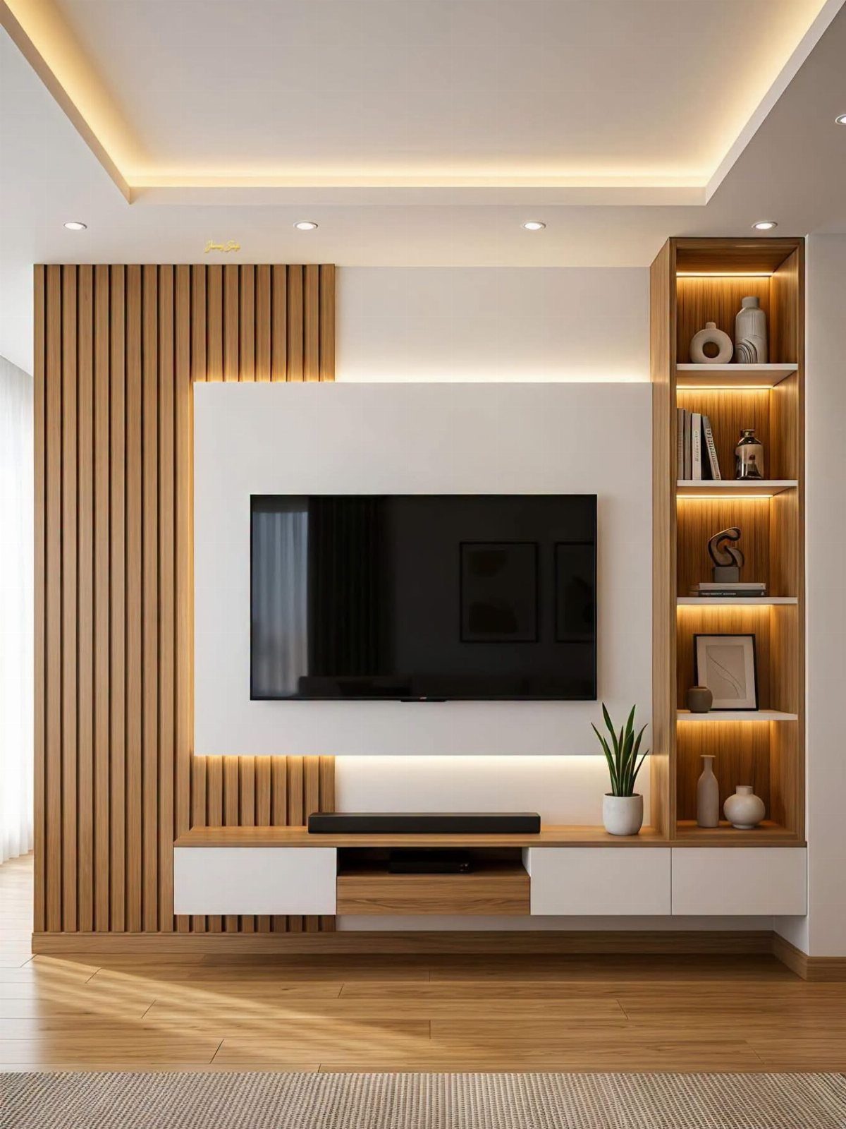 A television mounted on a white wall panel surrounded by wooden slats and built-in bookshelves.