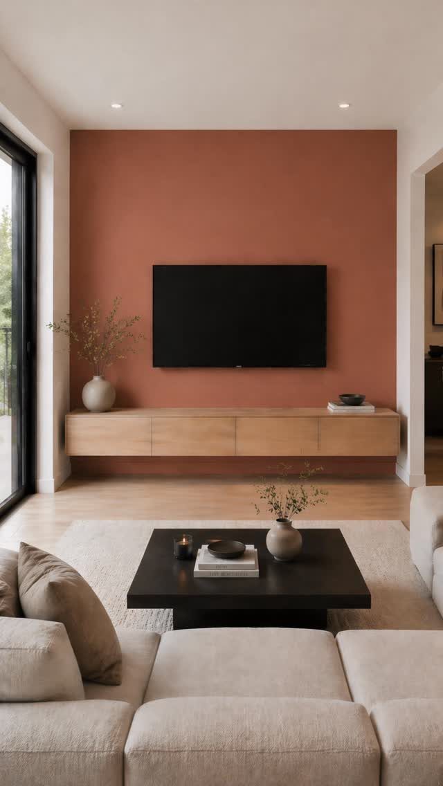 A black television mounted on a terracotta colored wall above a wooden floating console.