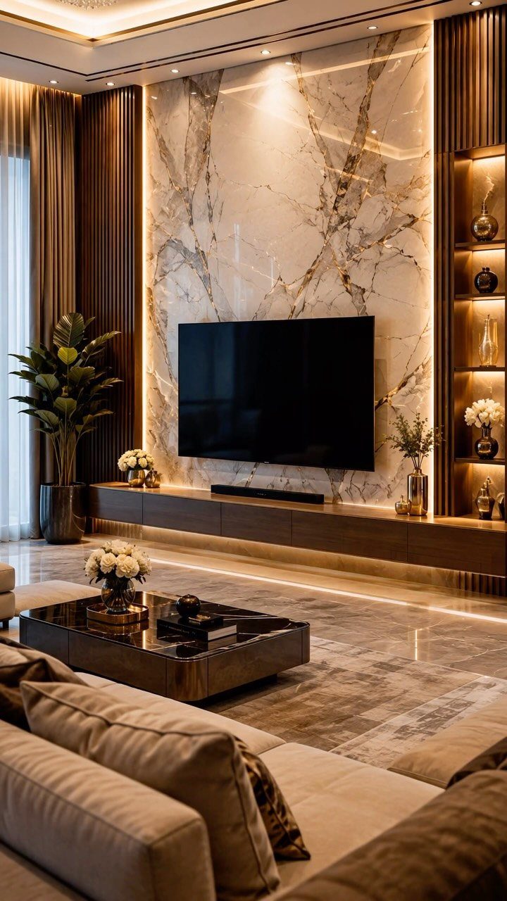 A large television mounted on a white marble wall above a wooden console in a modern living room.