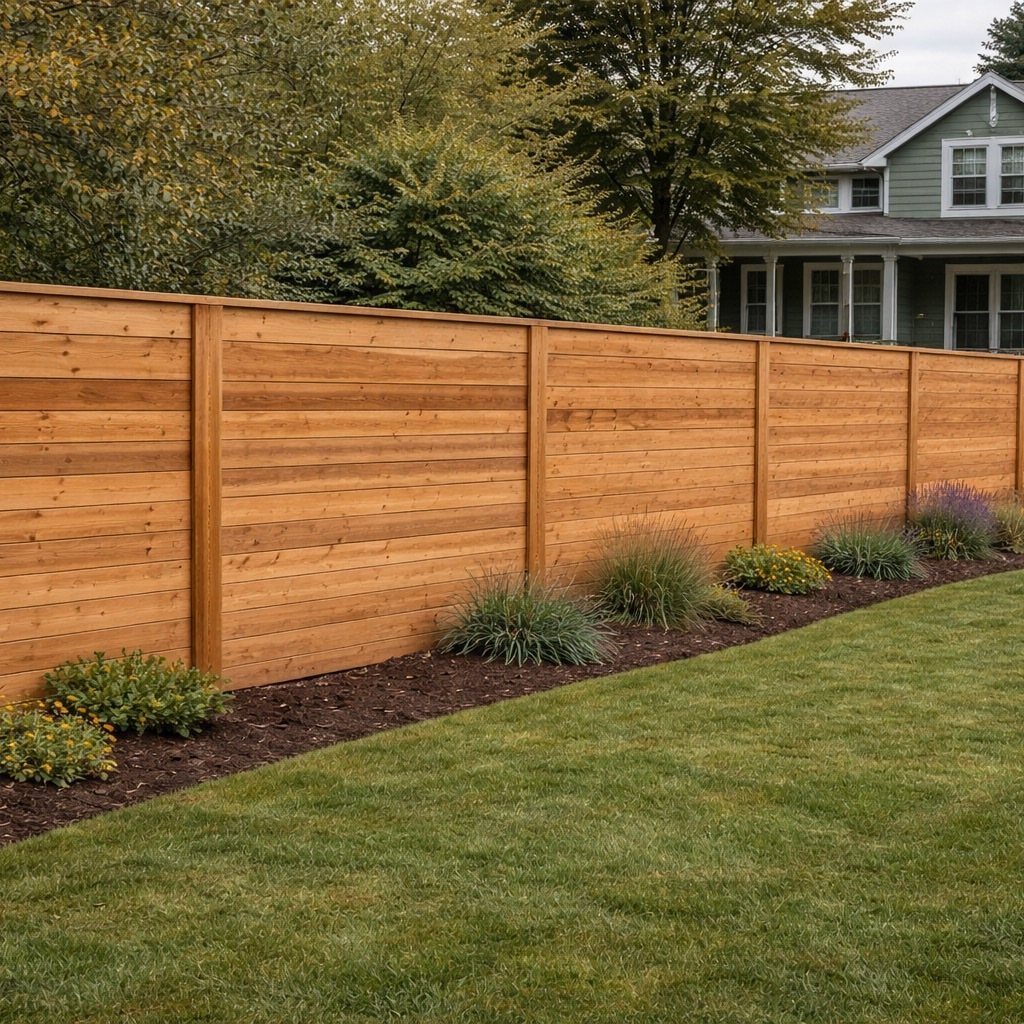 Horizontal cedar wood privacy fence bordering a green lawn and garden bed.