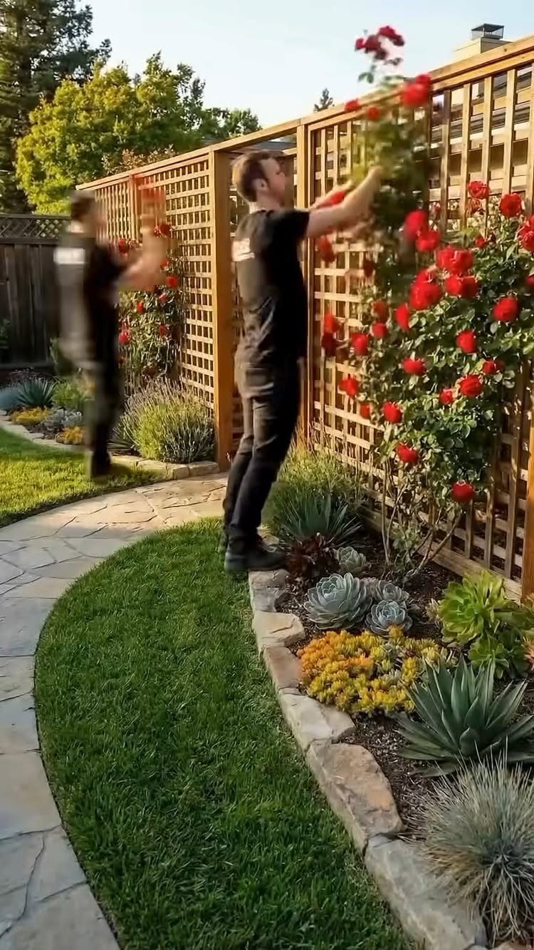 A man gardening red roses growing against a wooden lattice fence in a backyard.