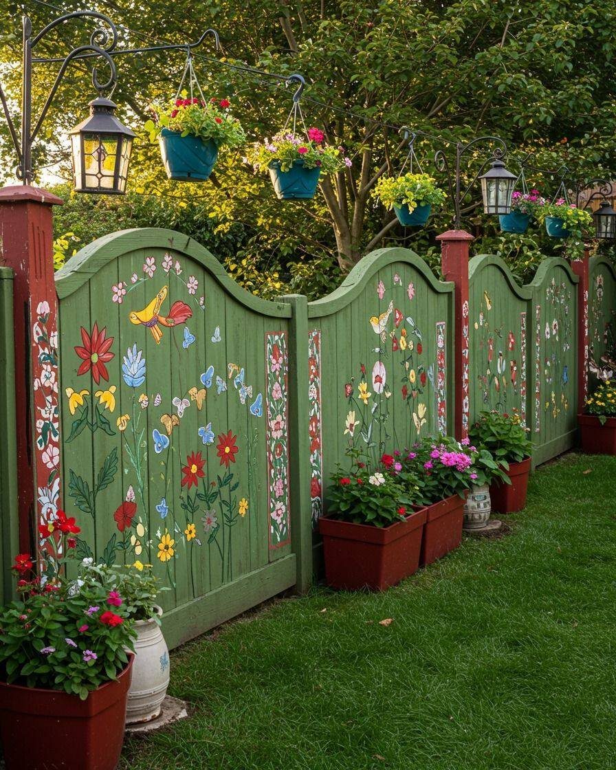Green painted wooden garden fence decorated with colorful hand-painted flowers and birds.