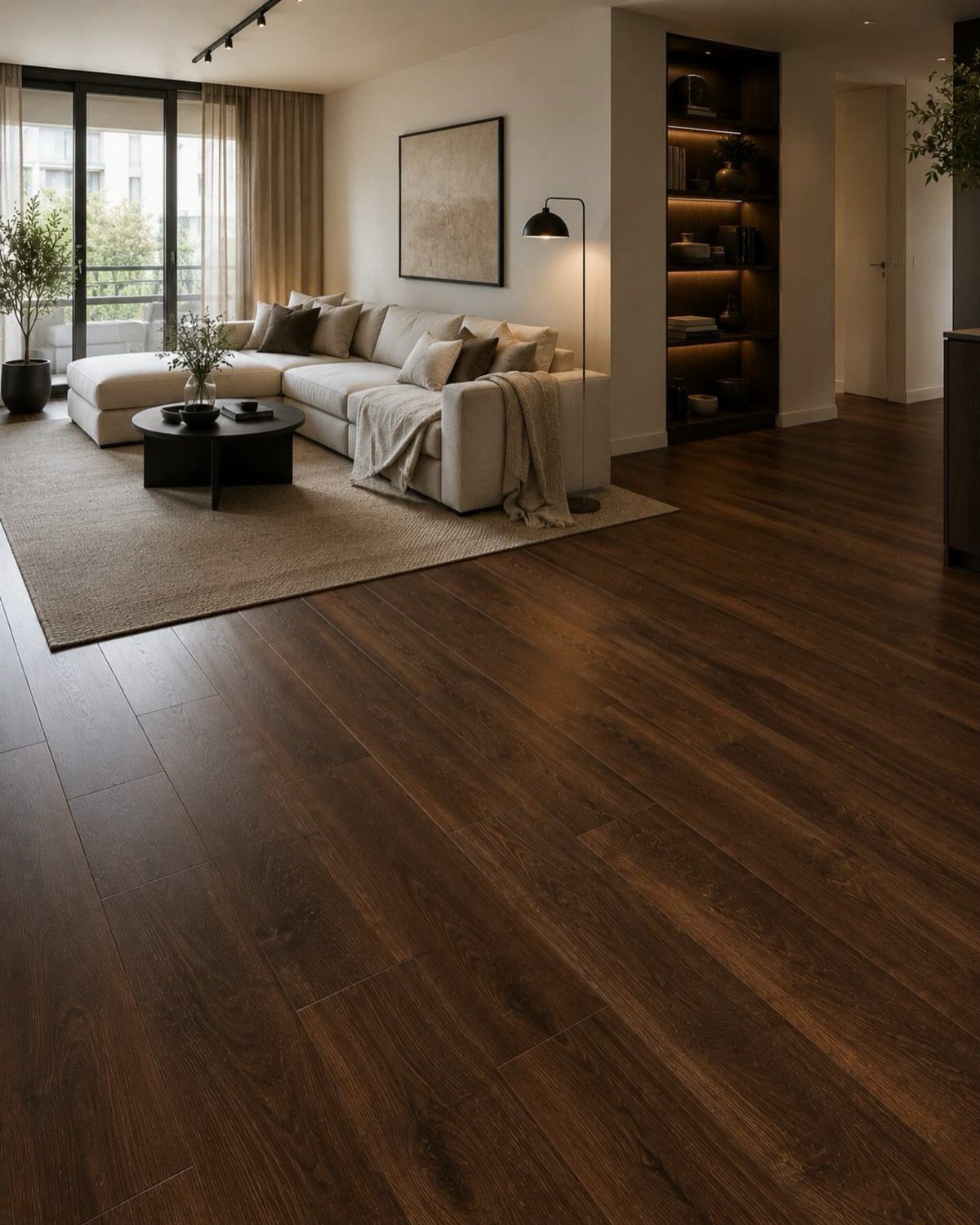 Dark brown wood plank flooring in a modern living room with a cream sofa and rug.