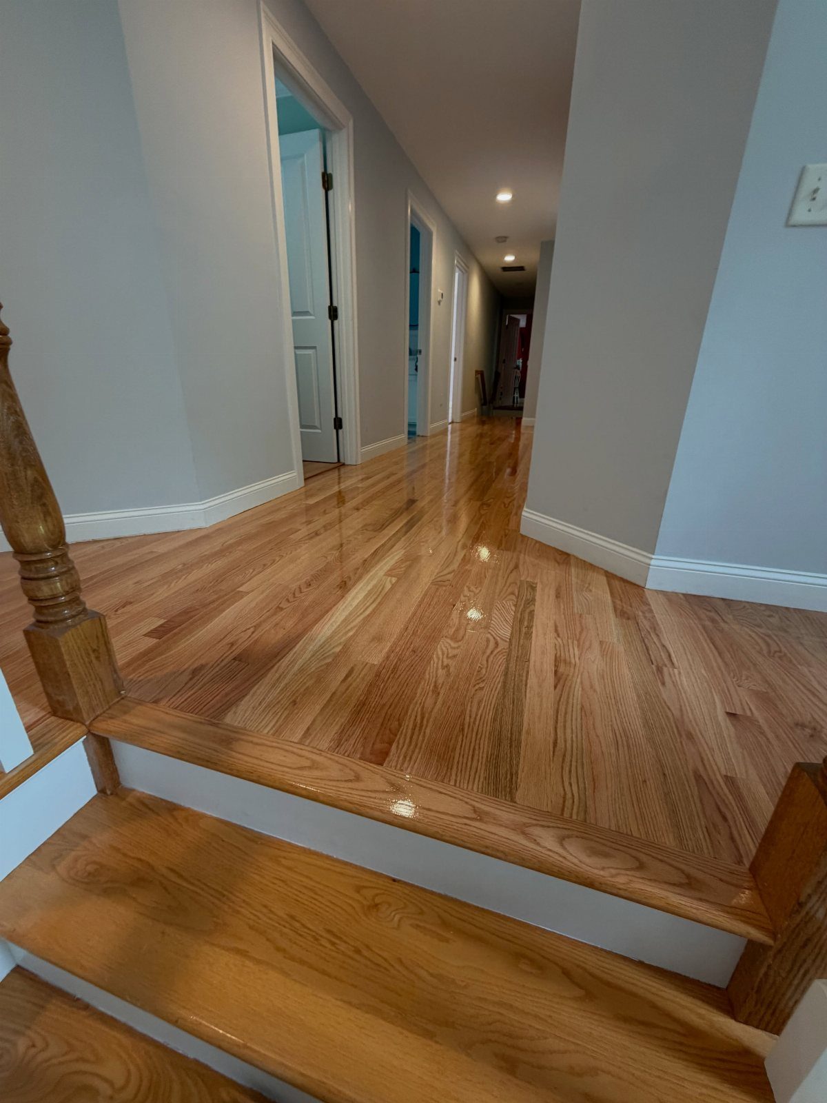 Light ginger stained wood flooring in a hallway with stairs and white walls.