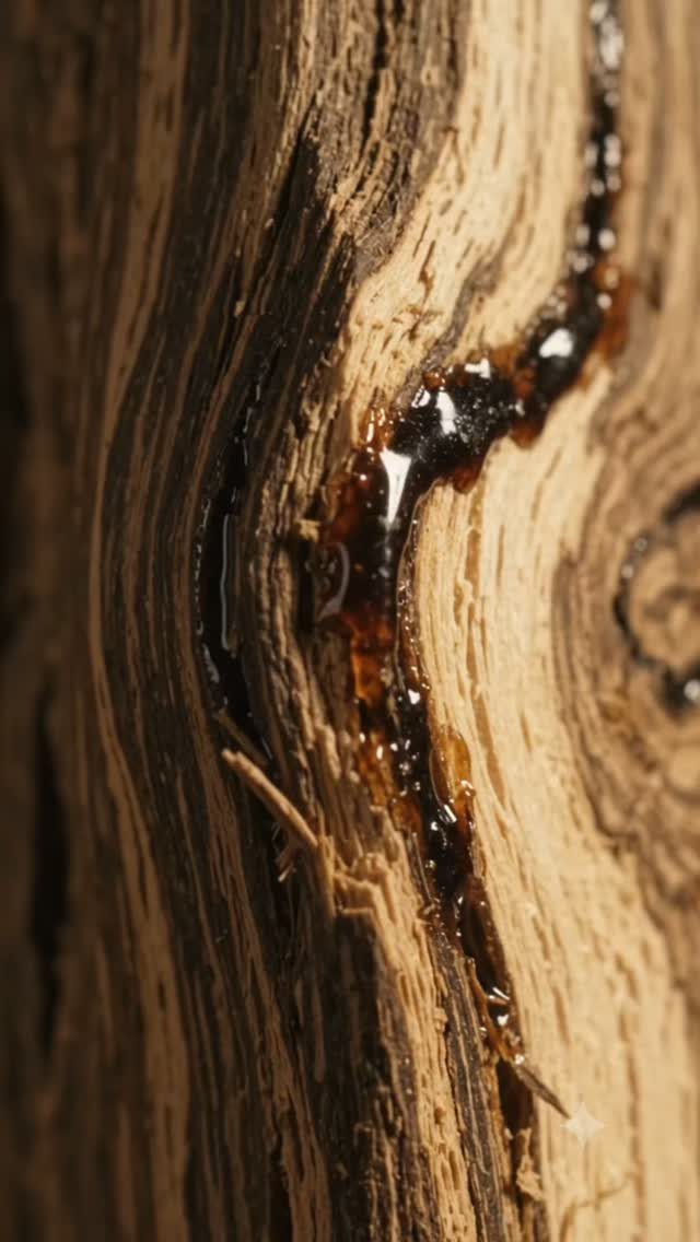 Swirling light and dark wood grain patterns with amber resin flowing through a natural crevice.