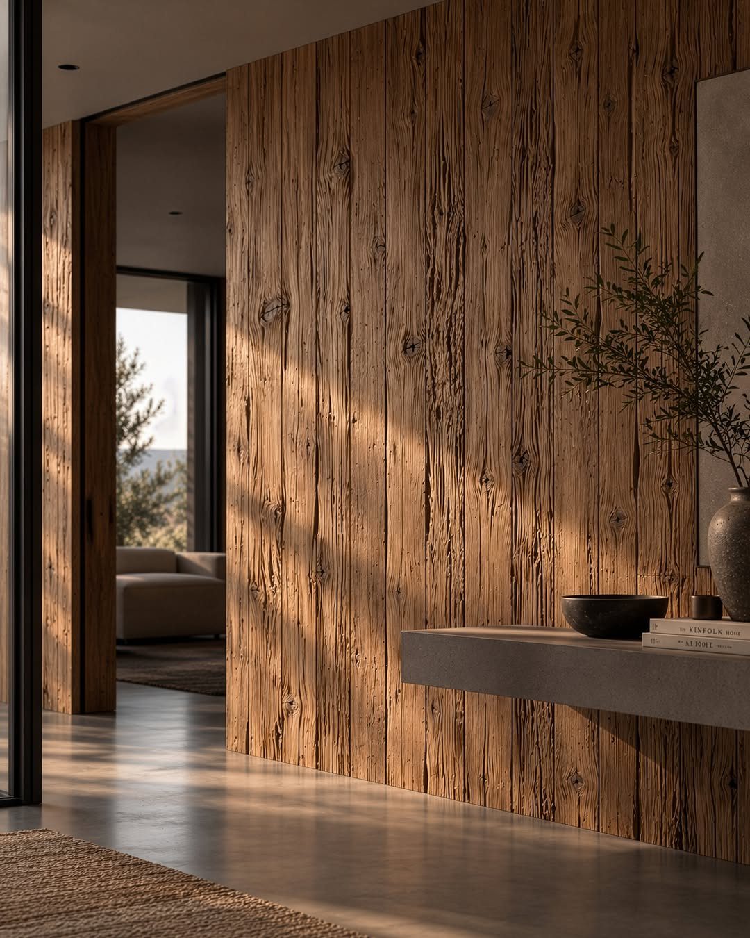 Wood Panelling on Walls: 8 Styles That Read as Architecture 2 Vertical wooden wall panels with natural grain texture illuminated by sunlight in a modern room.