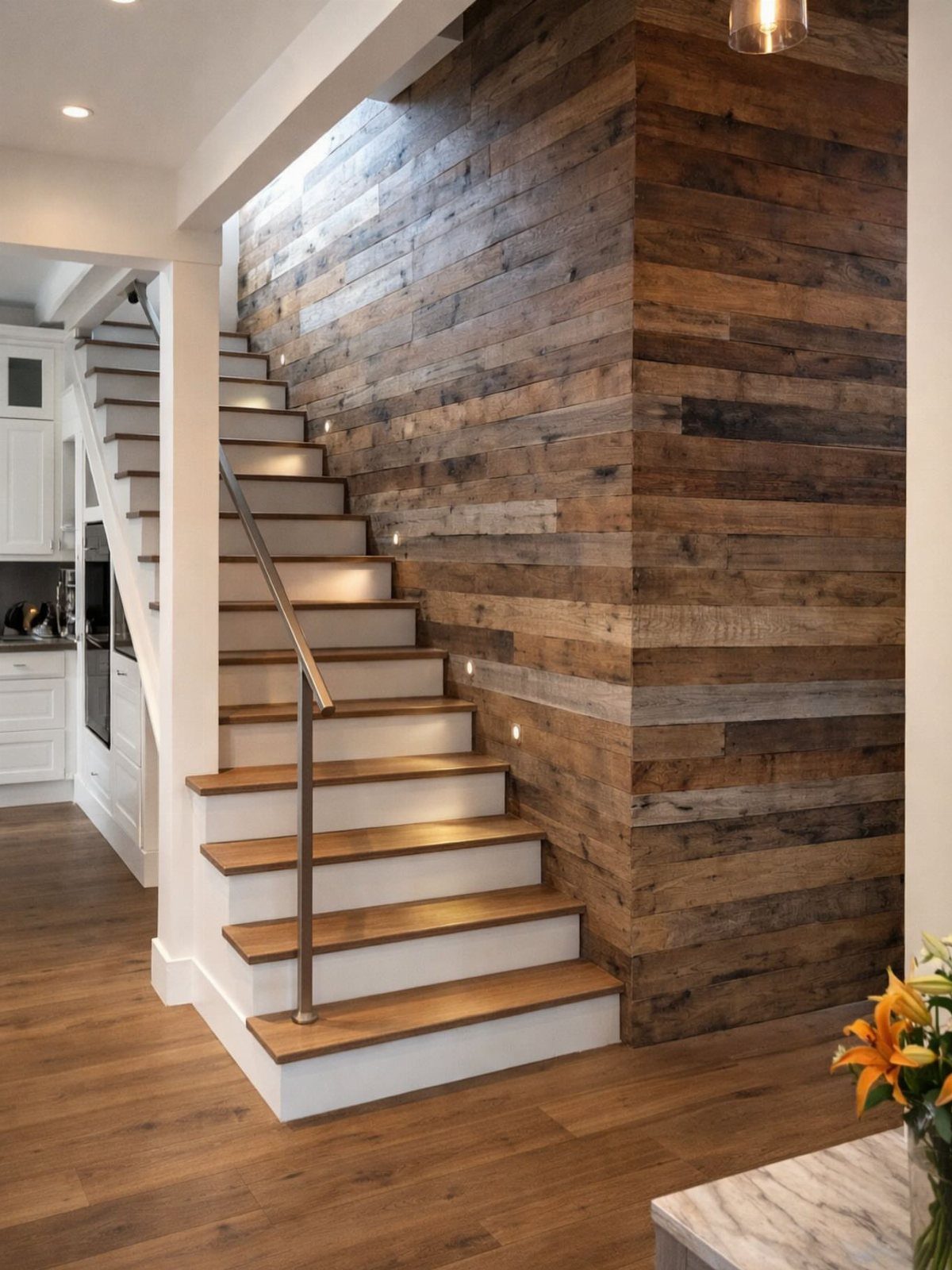 Wood Panelling on Walls: 8 Styles That Read as Architecture 3 Reclaimed wood planks covering a large interior wall next to a modern staircase.